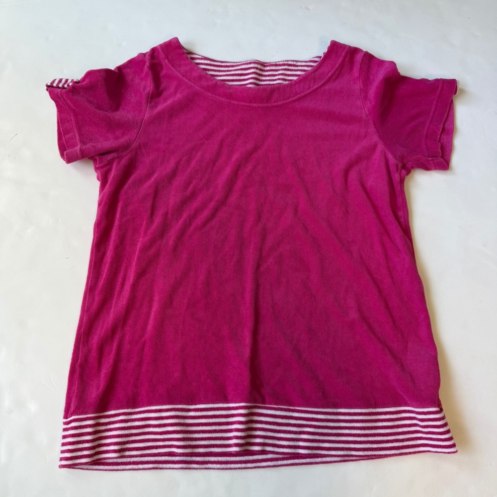 Uniqlo Hot Pink Velour Striped Trim Short Sleeve Top Y2K Playground Prep M